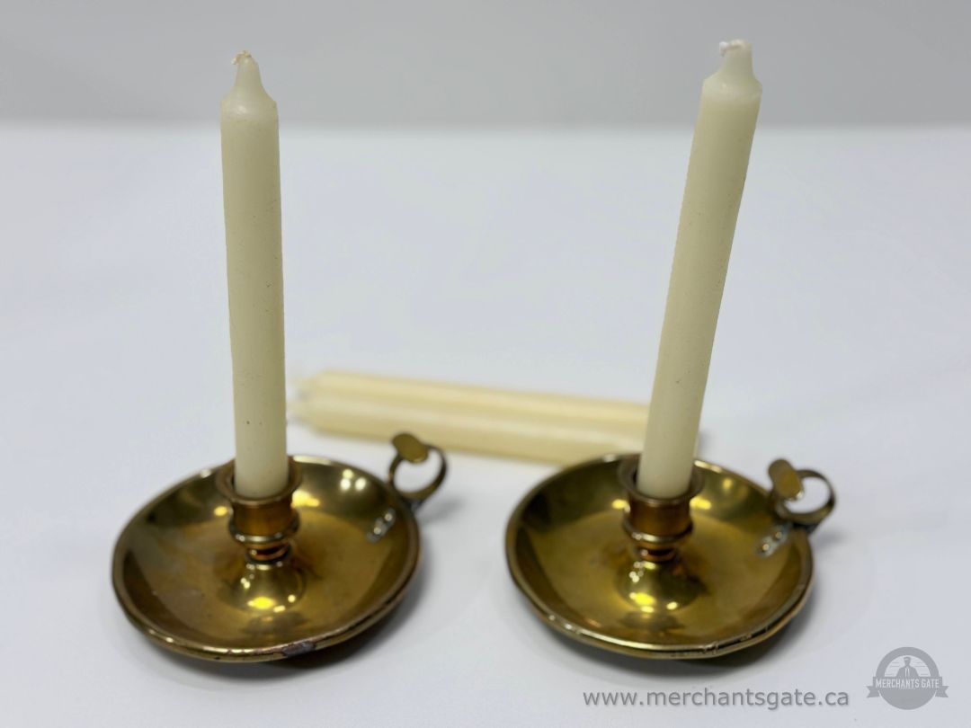 Pair Solid Brass Chamberstick Candlesticks with Finger Loop Handles Vintage