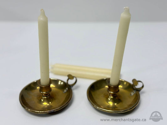 Pair Solid Brass Chamberstick Candlesticks with Finger Loop Handles Vintage