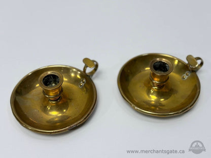Pair Solid Brass Chamberstick Candlesticks with Finger Loop Handles Vintage