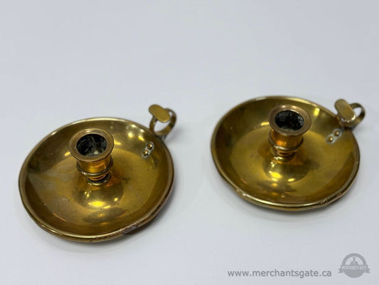 Pair Solid Brass Chamberstick Candlesticks with Finger Loop Handles Vintage