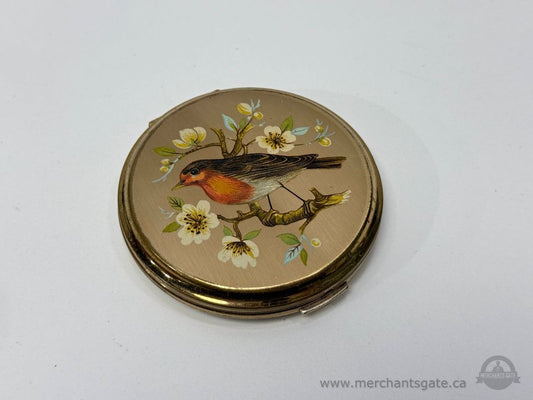 Vintage Stratton Compact Mirror with Bird Floral Design Gold Tone Metal Case