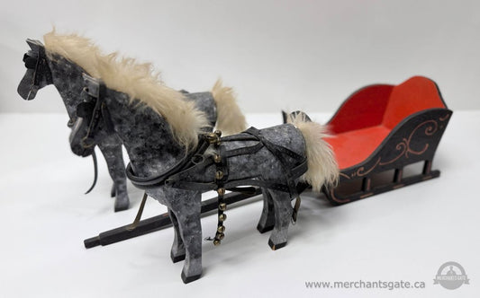 Vintage Handcrafted Wooden Horse Drawn Sleigh with Two Horses Folk Art Decor 24 Inch