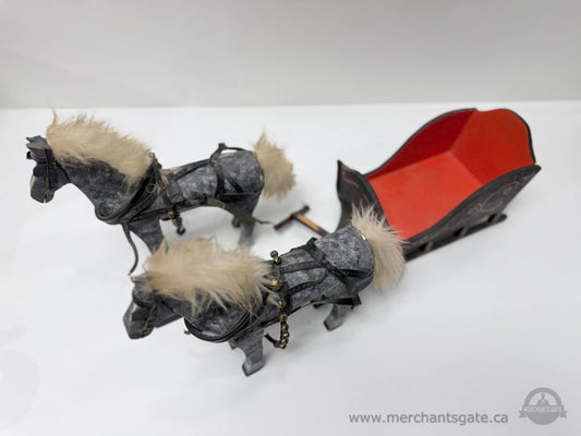 Vintage Handcrafted Wooden Horse Drawn Sleigh with Two Horses Folk Art Decor 24 Inch