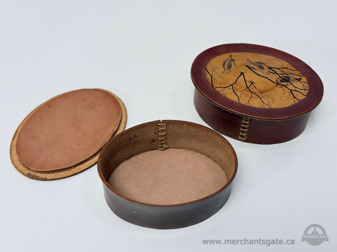 Two Handmade Round Leather Boxes with Bird Motif Signed Brannen