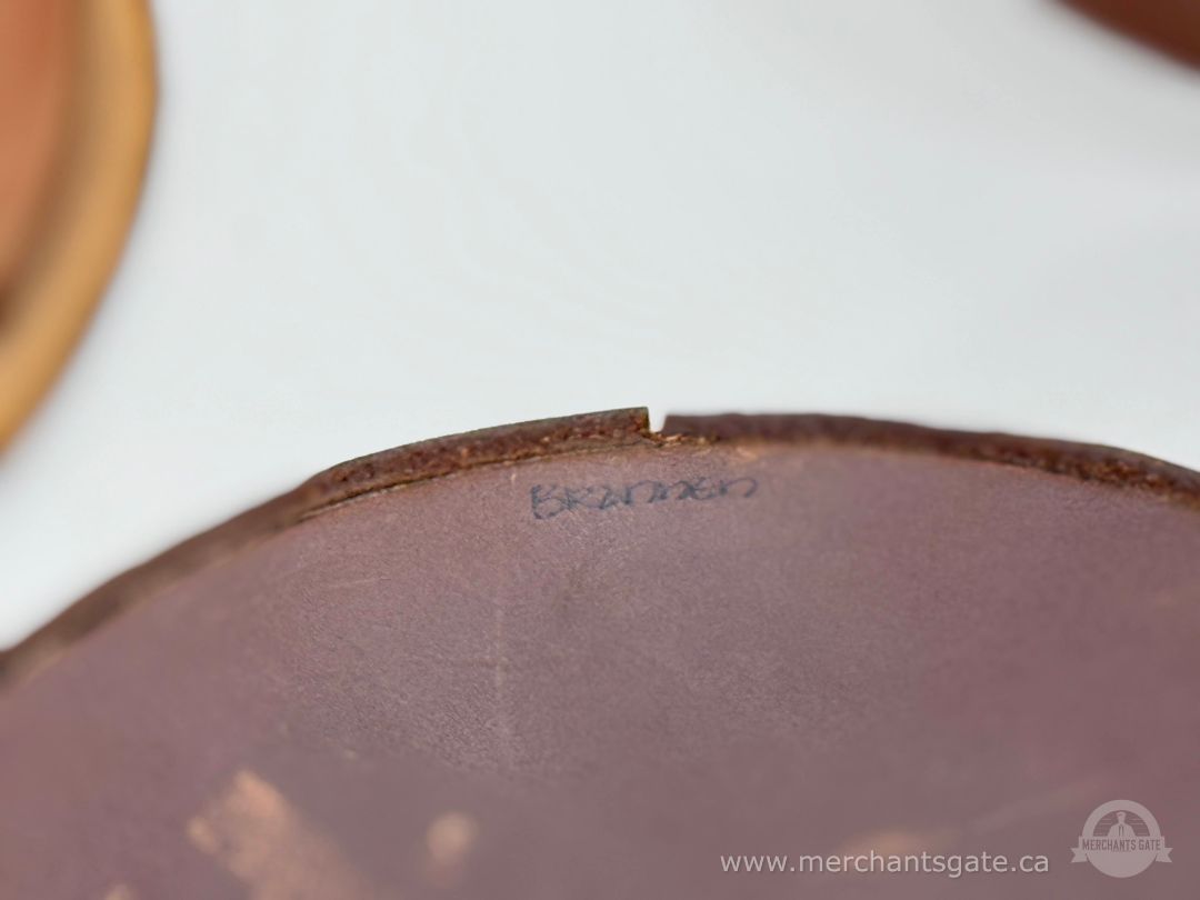 Two Handmade Round Leather Boxes with Bird Motif Signed Brannen