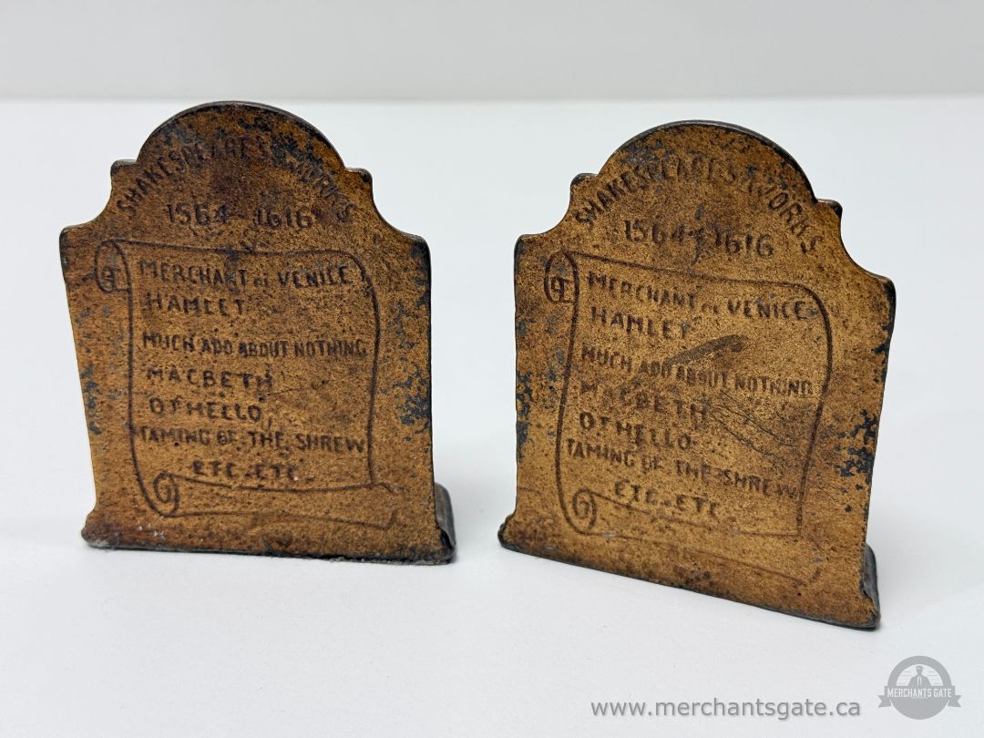Cast Metal Shakespeare Bookends Merchant of Venice Hamlet Macbeth Othello Etched Pair