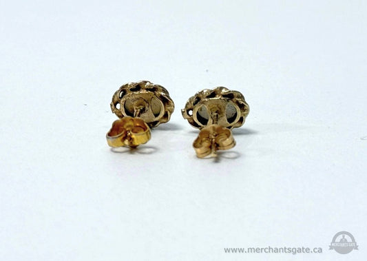 9K Gold Guernsey Opal Stud Earrings 375 Stamped Vintage Floral Setting