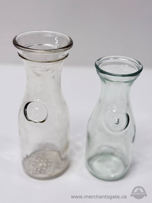 Pair Vintage Glass Milk Bottle Style Carafes with Finger Grip Pour Spouts