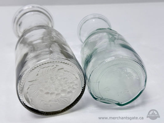 Pair Vintage Glass Milk Bottle Style Carafes with Finger Grip Pour Spouts