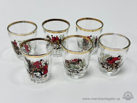 Set of 6 French Hunting Scene Shot Glasses Gilt Rim Made in France Vintage