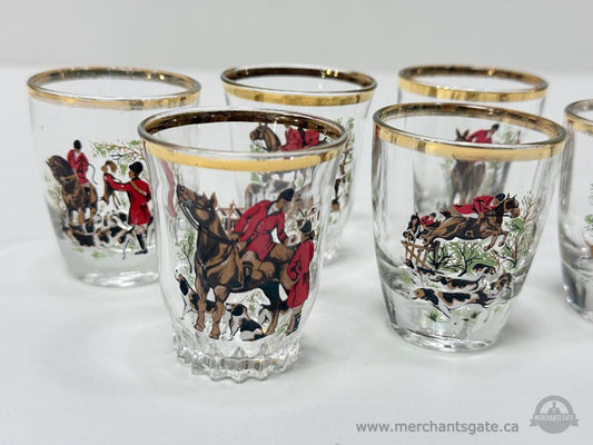 Set of 6 French Hunting Scene Shot Glasses Gilt Rim Made in France Vintage
