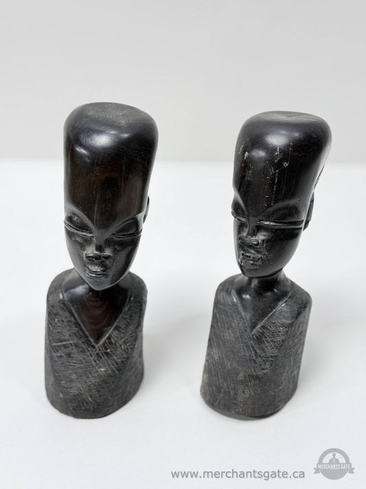 Pair Of Hand Carved Wooden Sculptures Abstract Figurines Dark Wood Art
