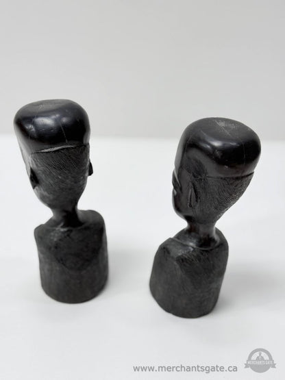 Pair Of Hand Carved Wooden Sculptures Abstract Figurines Dark Wood Art