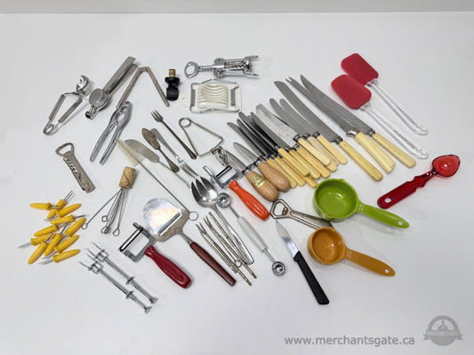 Vintage Kitchen Utensil Lot Mixed Stainless Steel Wood Plastic Tools Knives Gadgets