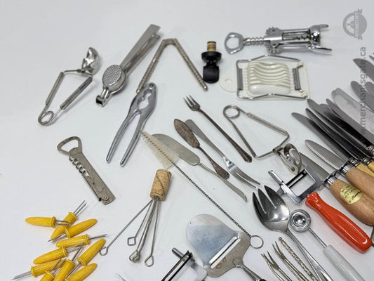 Vintage Kitchen Utensil Lot Mixed Stainless Steel Wood Plastic Tools Knives Gadgets