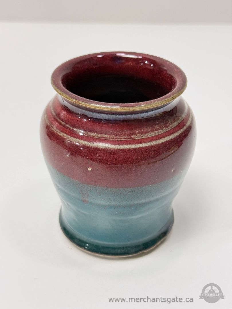 Hand Thrown Studio Pottery Vase Red And Teal Glaze Stoneware Approx 4.5 Inch Tall