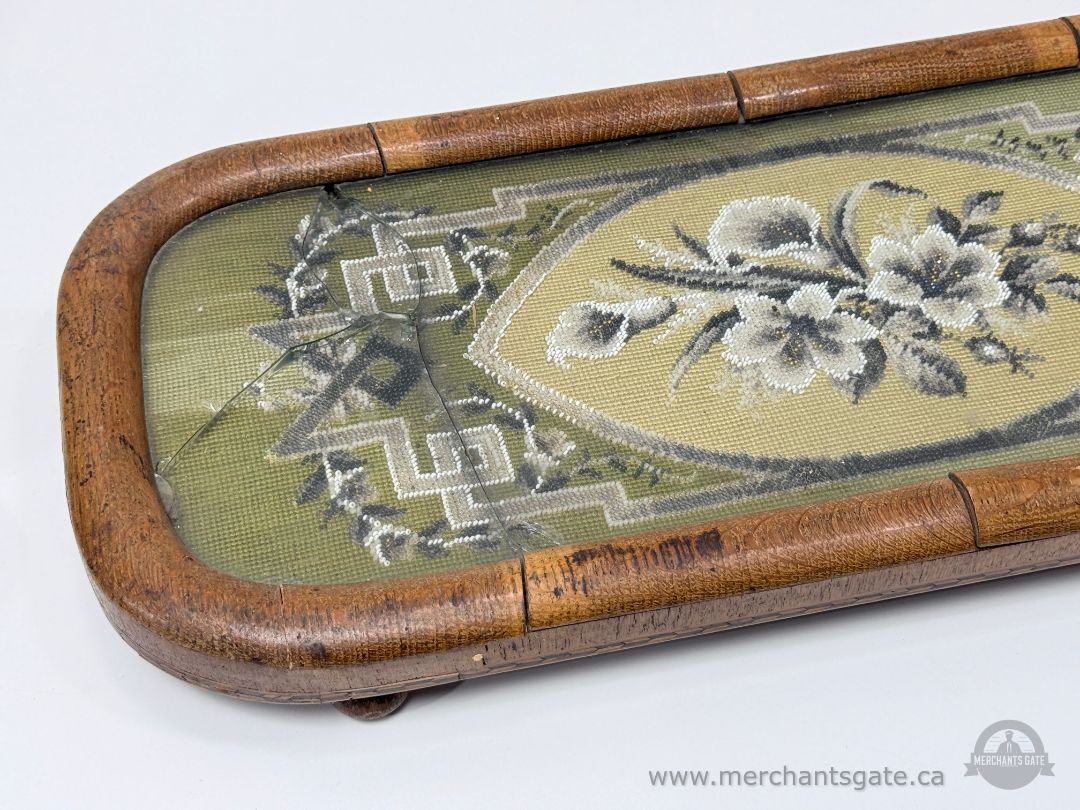 Antique Needlepoint Glass Top Decorative Panel With Wooden Frame Victorian Era