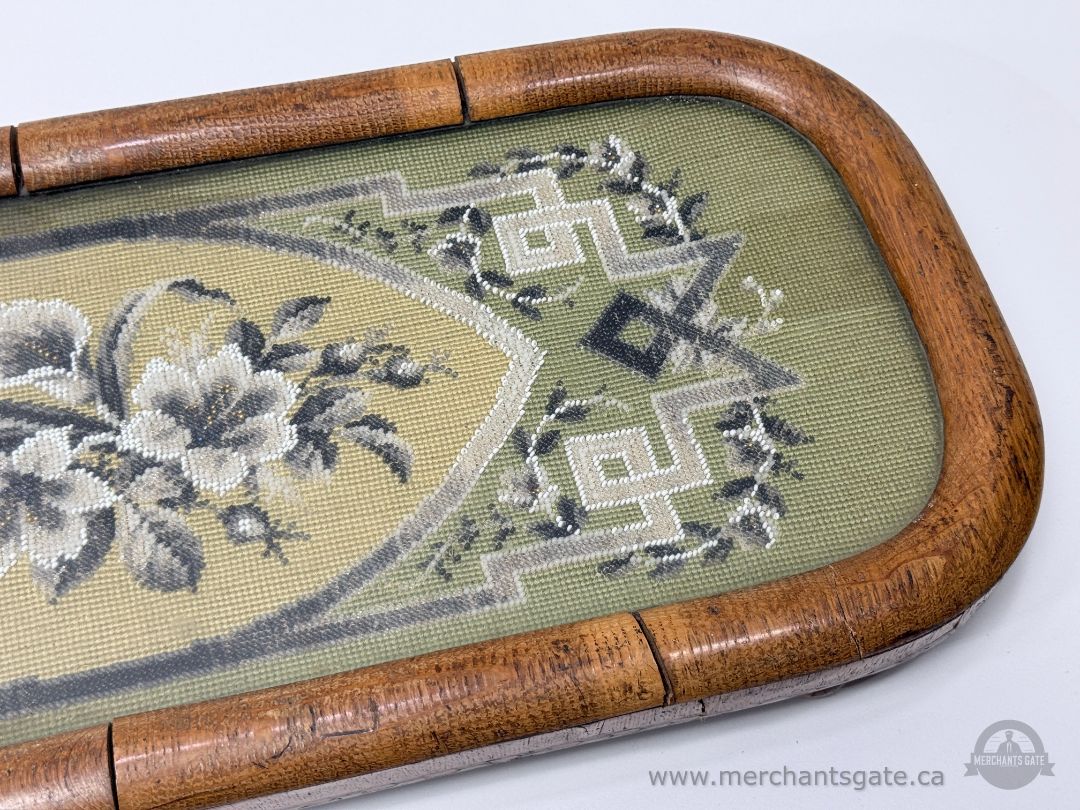 Antique Needlepoint Glass Top Decorative Panel With Wooden Frame Victorian Era