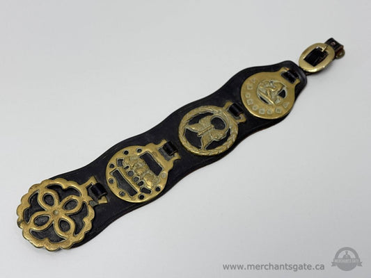 Antique Horse Brass Strap on Leather – Decorative Equestrian Harness Piece 18”