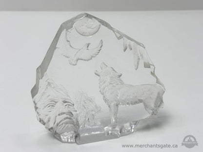 Clear Glass Wolf and Eagle Sculpture with Mountain Scene Indigenous Face Art