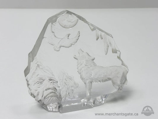 Clear Glass Wolf and Eagle Sculpture with Mountain Scene Indigenous Face Art