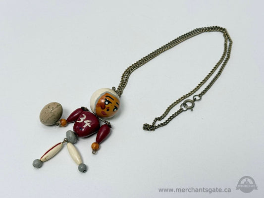 Vintage Wooden Football Player Doll Pendant Necklace with Metal Chain