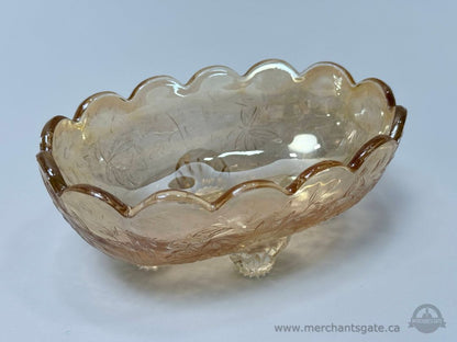 Vintage Carnival Glass Footed Bowl Amber Iridescent Scalloped Rim Floral 5.5”