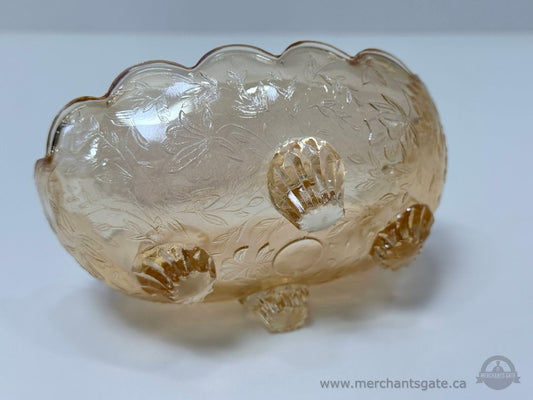 Vintage Carnival Glass Footed Bowl Amber Iridescent Scalloped Rim Floral 5.5”