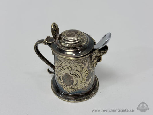 Vintage Silverplate Mustard Pot with Cobalt Blue Glass Liner and Spoon / England