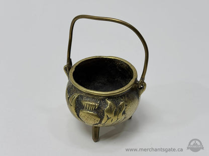 Small Antique Brass Tripod Cauldron Incense Burner with Swing Handle