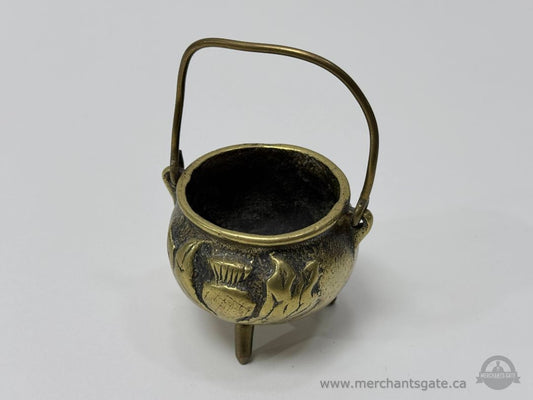 Small Antique Brass Tripod Cauldron Incense Burner with Swing Handle