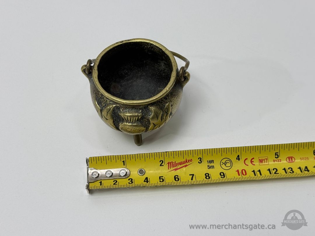 Small Antique Brass Tripod Cauldron Incense Burner with Swing Handle