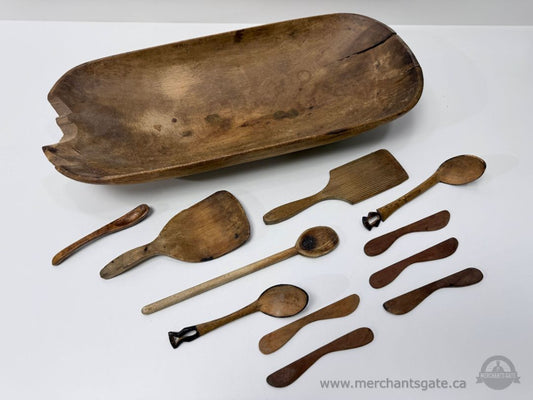 Large Antique Hand-Carved Wooden Dough Bowl with Primitive Kitchen Tools Set / Farmhouse