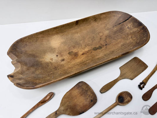 Large Antique Hand-Carved Wooden Dough Bowl with Primitive Kitchen Tools Set / Farmhouse