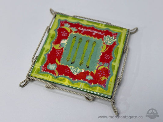 Decorative Ceramic Tile Trivet with Asparagus Design and Metal Stand