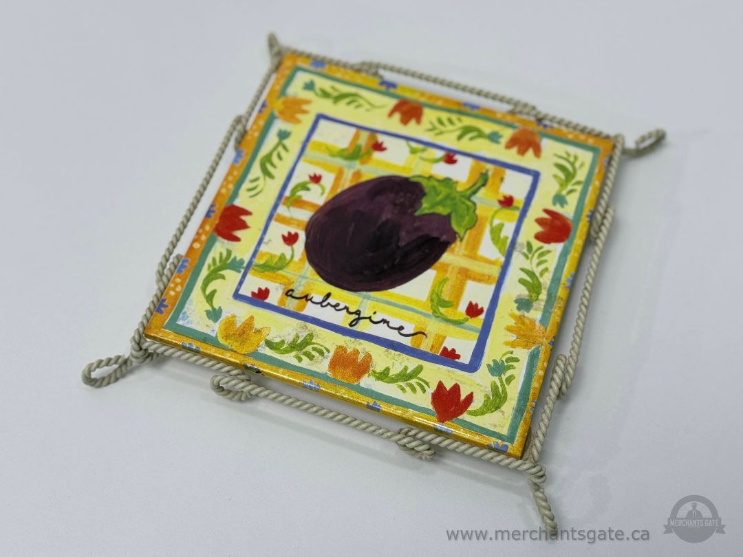 Decorative Ceramic Tile Trivet with Eggplant Design and Metal Stand