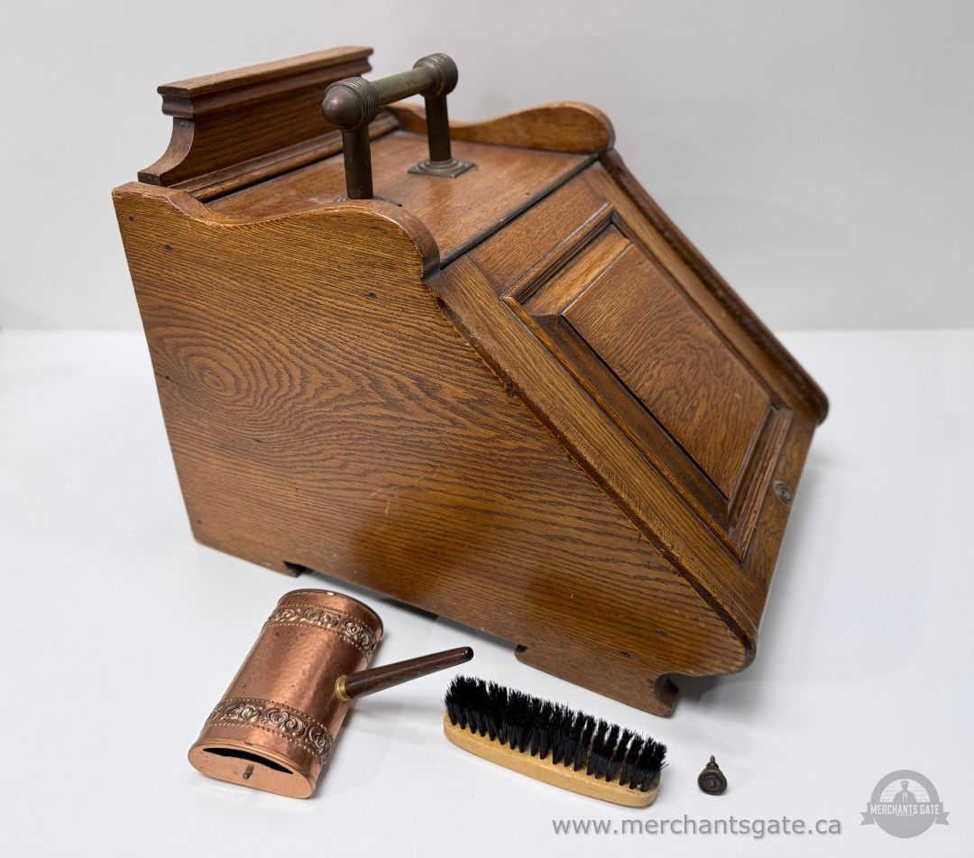 Antique Oak Shoe Shine Stand w Copper Polish Holder – Early 1900s
