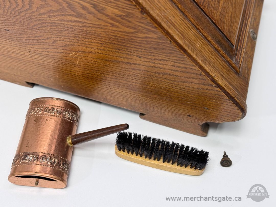 Antique Oak Shoe Shine Stand w Copper Polish Holder – Early 1900s