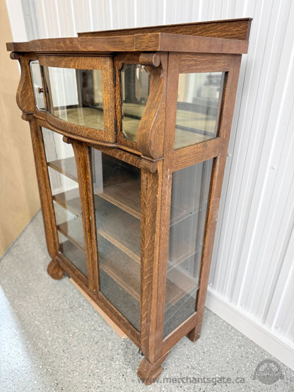 Antique Oak Curved Glass Display Cabinet with Felt Interior c.1900–1920