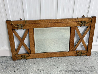 Antique Oak Hall Mirror with Beveled Glass & Brass Hooks Arts & Crafts c.1900–1925