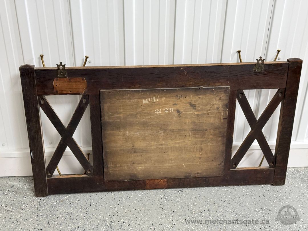 Antique Oak Hall Mirror with Beveled Glass & Brass Hooks Arts & Crafts c.1900–1925