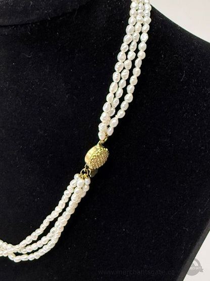 Vintage Triple Strand Freshwater Pearl Necklace and Bracelet Set with Gold-Tone Clasp