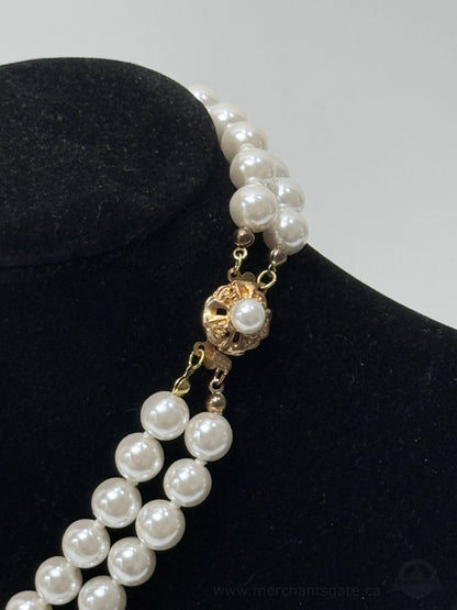 Double Strand Faux Pearl Necklace with Decorative Gold-Tone Clasp