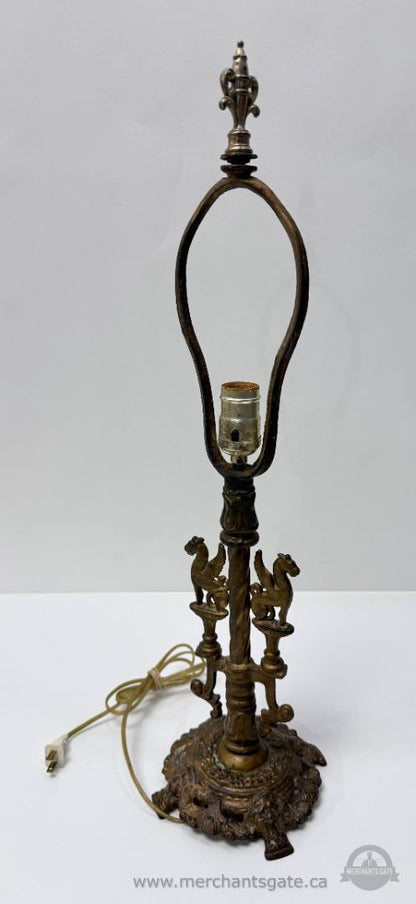 Vintage Cast Metal Table Lamp Winged Figures Heavy Base 25.5” Tall