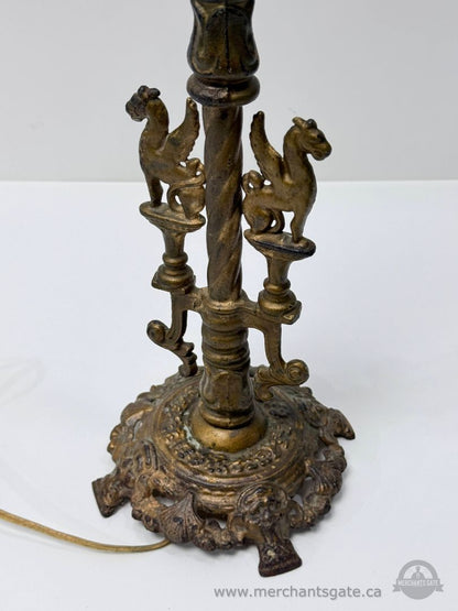 Vintage Cast Metal Table Lamp Winged Figures Heavy Base 25.5” Tall
