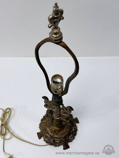 Vintage Cast Metal Table Lamp Winged Figures Heavy Base 25.5” Tall