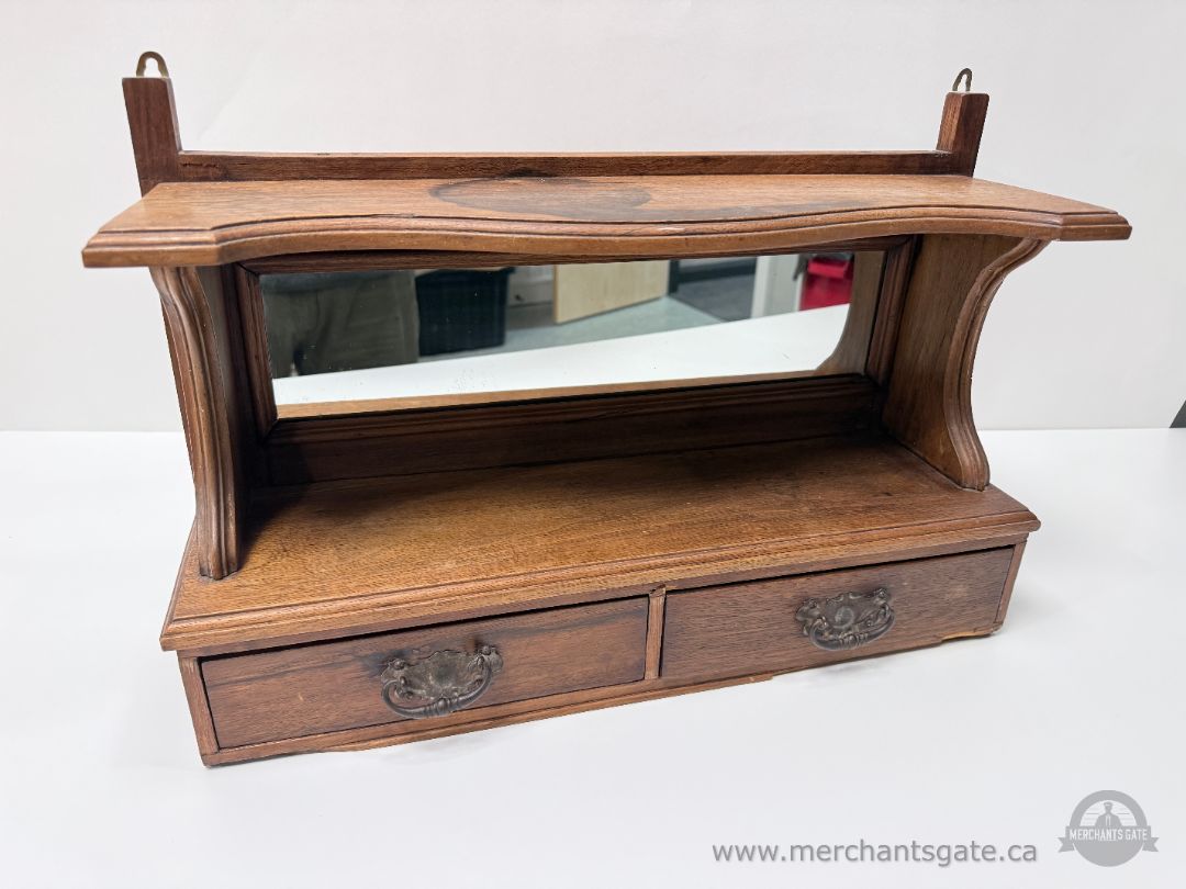Vintage Wood Wall Shelf with Mirror and Two Drawers Hanging Storage Unit