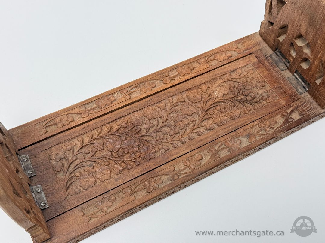 Antique Carved Wooden Folding Wall Shelf Floral Design Hinged Sides