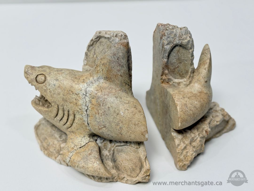 Stone Shark Bookends Pair Carved Stone Nautical Decor