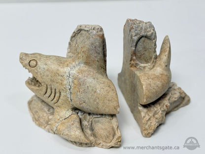 Stone Shark Bookends Pair Carved Stone Nautical Decor